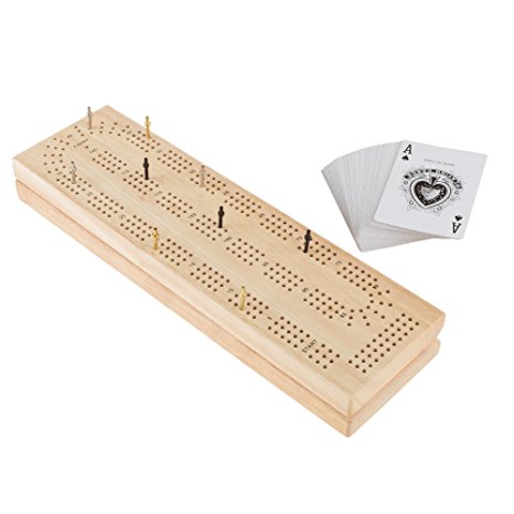 Wood Cribbage Board Game Set- Complete Set With Playing Cards, Pegs, Wood Board and Storage Area for Adults and Kids, Boys and Girls by Hey! Play!