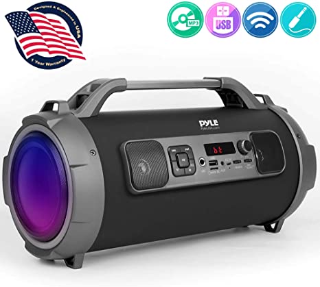 Wireless Portable Bluetooth Boombox Speaker - 500W Rechargeable Boom Box Speaker Portable Barrel Loud Stereo System with AUX Input, USB/SD, 1/4" in, Fm Radio, 4" Subwoofer, DJ Lights - Pyle PBMKRG155