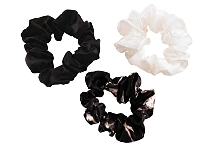 Celestial Silk Mulberry Silk Scrunchies for Hair (Large, Black, Ivory, Black Marble)