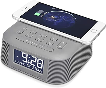 InstaBox D10 Wireless Charging Digital Alarm Clock for Bedroom, Dual Alarm, Adjustable Alarm Volume, FM Radio, Bluetooth Dual Speakers, USB Charging Port, Snooze, Sleep Timer, 4-Level Dimmer