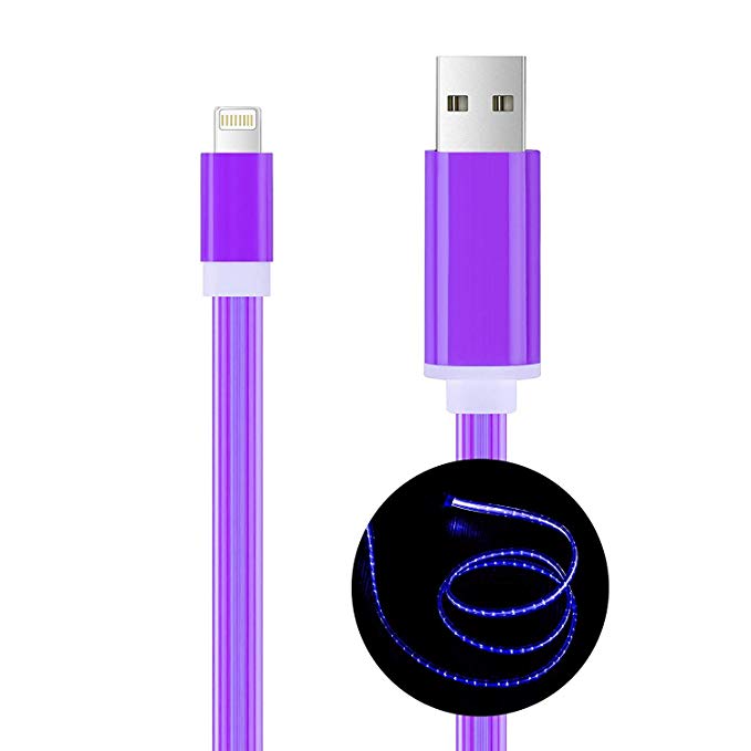 Phone Pad Charging Cord,Aictoe 3.3ft Flowing LED Light Up Data Cables, USB Syncing Fast Charging Cable, Compatible with Phone XS MAX XR X 8 7 6 Plus,5s 5, Pad, Pod Nano and More(Blue Purple) (Purple)