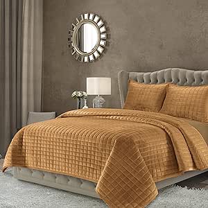 Tribeca Living Velvet King Quilt Set, Three-Piece Box Stitch Bedding, Includes Oversized Quilt & Two Shams, 260GSM Super Soft Velvet, Camel