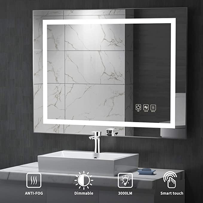 UVII 32"x24" LED Lighted Bathroom Mirror, Horizontal/Vertical Wall Mounted Vanity Mirror with Light, Anti Fog, 3000K-6400K, Dimmable Touch Sensor
