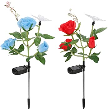 Welltop Rose Solar Lights, 2 Pack Creative Lawn Lights with Realistic Rose Butterfly Solar Powered, Waterproof Solar Outdoor Lights for Garden, Lawn, Courtyard, Balcony (Blue and Red)
