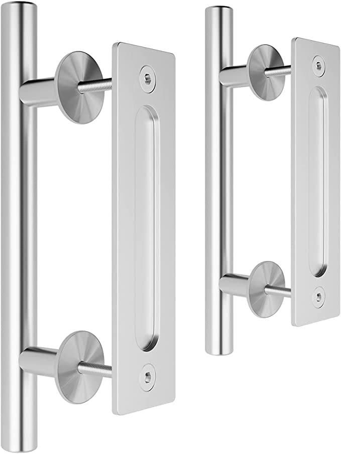 SMARTSTANDARD 2PCS Sliding Barn Door Handle, 12 Inch Heavy Duty Pull and Flush Hardware Set, Stainless Steel, Large Rustic Two-Side Design, Round