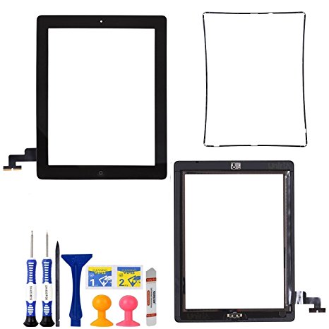 Omnirepairs-For iPad 2 2nd Generation Black Digitizer Touch Screen Outer Glass Panel with Home Button Flex Cable Assembly OEM Replacement   Midframe Bezel   Adhesive Tape   Premium Toolkit