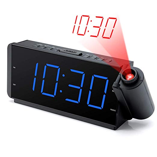 DreamSky Projection Alarm Clock Radio with USB Charging Port & FM Radio 10 Preset Stations, 2 Inches Large Blue Led Number with Dimmer, Snooze, Sleep Timer,12H Display, Plug in Alarm Clock for Bedroom