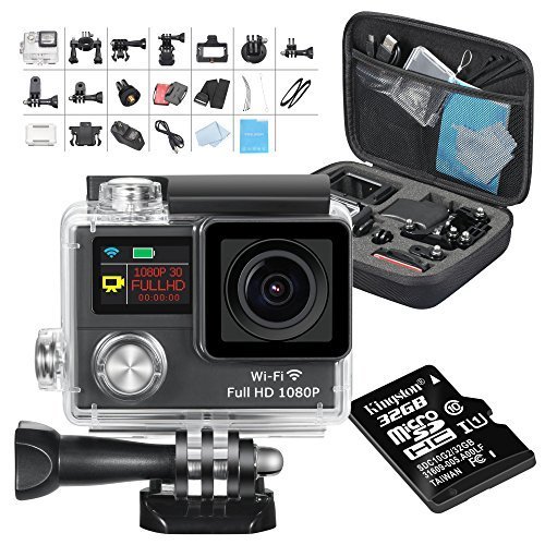 Raynic Dual Screen Full HD 1080P WiFi Action Camera 170A HD Ultra-wide Lens Helmet Bicycle Ultra Slim Waterproof Diving Sports Camera Includes 32GB UHS-I Class 10 Micro SD Card