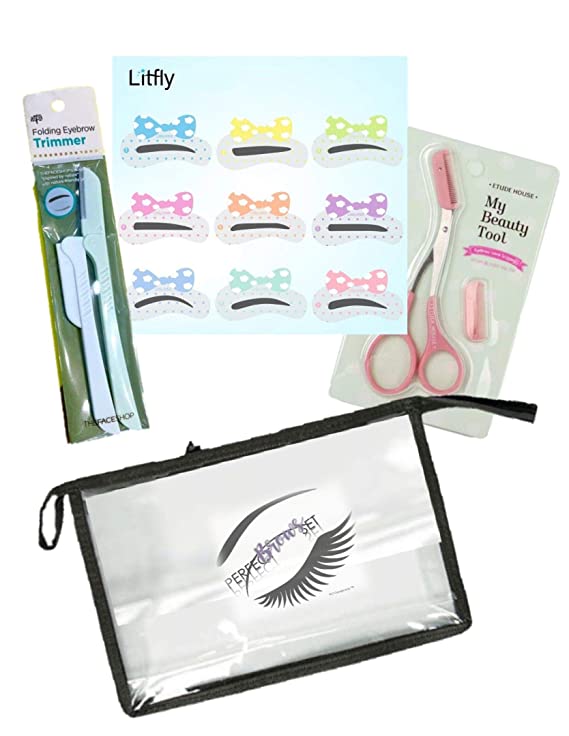 Face razor shaver For Women Eyebrow Trimmer Bundle - 2 Pack of Folding Razors | 1 Pair of Brow Scissors | Set Of 9 Eyebrow Stencils With Clear Plastic Zipper Pouch