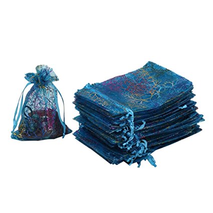HRX Package Organza Drawstring bags,100pcs 4”x 6” Coralline Blue Organza Gift Bags for Jewelry Candy Bags and Wedding Party Gifts Pouches