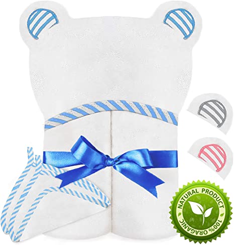 Spiny Babbler Organic Bamboo Hooded Baby Towel with 2 Bonus Washcloths - Large Baby Hooded Towel for Newborn, Infant & Toddlers - Perfect Soft Baby Towel for Boys and Girls (Blue)