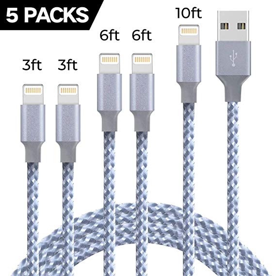 Lightning Cable 5 Pack Charging Cable Durable Nylon Braided Fast Charging Cord Charger Compatible with iPhone Xs/XS Max/XR/X/8/7/6/5 iPad Mini/Pro/Air iPod