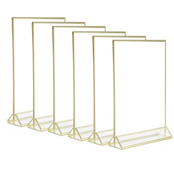 5x7 Clear Acrylic 2 Sided Frames with Gold Borders and Vertical Stand (Pack of 6)| Ideal for Wedding Table Numbers, Double Sided Sign, Clear Photos, Menu Holders,by Cq acrylic