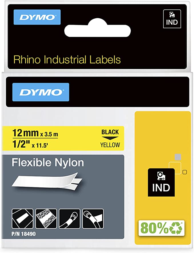 DYMO Industrial Labels for DYMO Industrial RhinoPro Label Makers, Black on Yellow, 1/2", 1 Roll (18490)