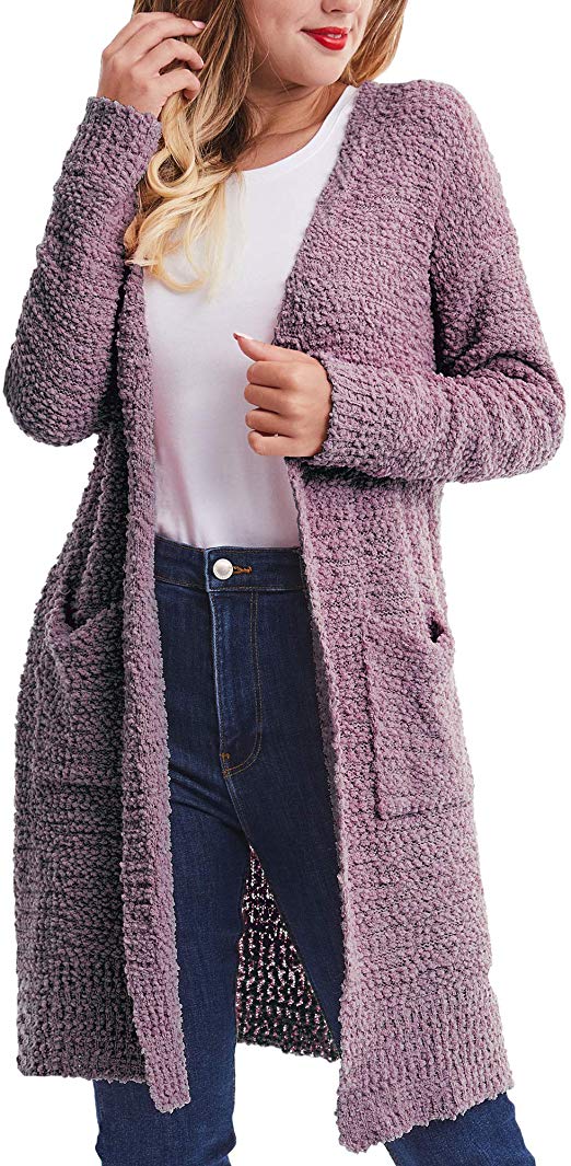 Women's Long Sleeve Open Front Knit Cardigan Outwear Soft Fleece Sweater Cardigan with Pockets