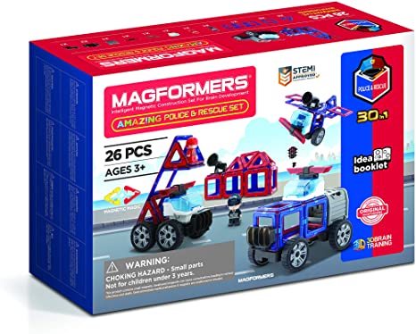 Magformers 717001 Amazing Police And Rescue Set Magnetic Construction Toy, Red, Blue, Black, Grey