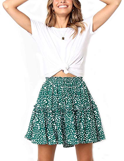 Relipop Women's Flared Short Skirt Polka Dot Pleated Mini Skater Skirt with Drawstring