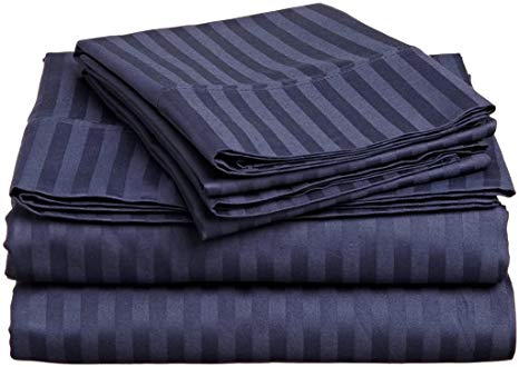 Way Fair Sheet Set Twin Extra Long Size Navy Blue Stripe 100% Cotton 600 Thread-Count (15" Deep Pocket Drop) by
