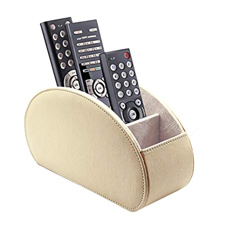 Fosinz Remote Control Holder Organizer Leather Control Storage TV Remote Control Organizer with 5 Spacious Compartments (Beige)