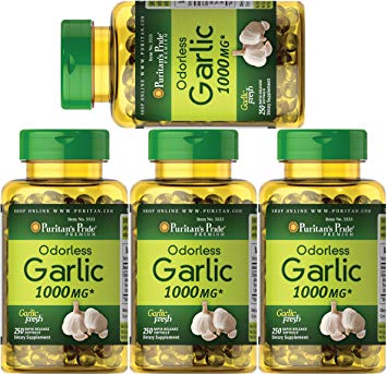 Pack of 4 Puritan's Pride Odorless Garlic 1000 mg, 250 Softgels