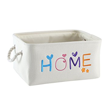 TheWarmHome Little Canvas Storage Basket Pet Dog Toy Storage,Baby Storage Basket,Clothing Storage Containers ,Beige Embroidery (13.8×9.8×6.7inch)