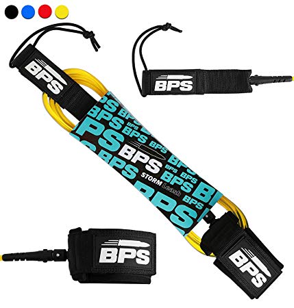 BPS 'Storm' 7.2mm and 8mm Surfboard and SUP Leash/Leg Rope - 5/6/7/8/9/10 Feet Premium Straight Leash with Double Stainless Steel Swivels and Triple Rail Saver (4 Colors)