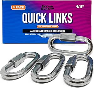 316 Stainless Steel Locking Carabiner Threaded Quick Link Chain Link Connector Clips Heavy Duty D Shape Repair Safety Quicklinks 1/2, 3/8, 5/16 or Small 1/4 Marine Grade Metal - 4pcs Quick Links