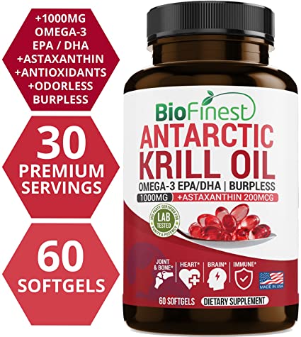 Biofinest Antarctic Krill Oil Supplement - Double Strength 1000mg with Omega 3 EPA, DHA and Astaxanthin - Wild Caught - for Healthy Heart, Brain, Immune System, Memory, Energy (60 Softgels Capsules)