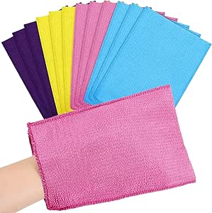 Tatuo 12 Pieces Korean Exfoliating Mitt Exfoliating Cloth Towel Korean Style Body Scrub Korean Style Scrubbing Cloth Bath Body Exfoliating Scrub Towel (Purple, Yellow, Pink, Blue,Large)