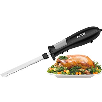 Aicok Electric Knife, Bread Knife, Stainless Steel Kitchen Knife, Electric Super Sharp Serrated Knife, Black