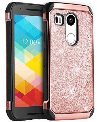 Nexus 5X Case, LG Nexus 5X Case, BENTOBEN Shockproof 2 in 1 Luxury Glitter Bling Hybrid Slim Hard Covers Sparkly Shiny Faux Leather Chrome Protective Case for LG Google Nexus 5X (2015), Rose Gold