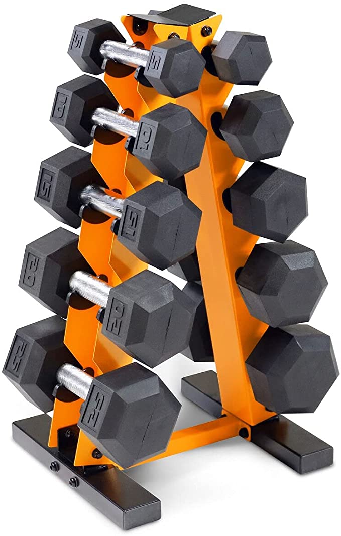 WF Athletic Supply 5-25Lb Rubber Coated Hex Dumbbell Set with A Frame Storage Rack Non-Slip Hex Shape for Muscle Toning, Strength Building & Weight Loss - Multiple Choices Available