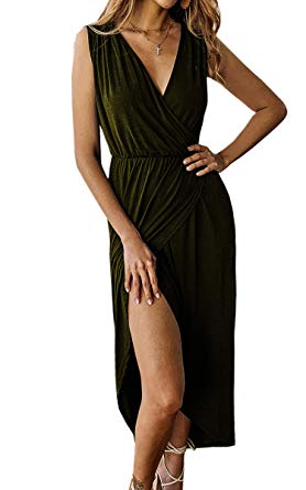 Angashion Women's Sexy Sleeveless Deep V Neck Cross Wrap Dress Split Front Long Maxi Dress