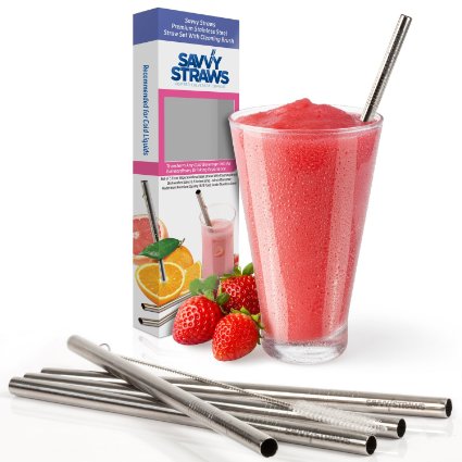 Stainless Steel Wide Smoothie Straws by Savvy Straws® - Set of 5   Straw Cleaning Brush   Gift Box - Reusable Metal Drinking Straws for Mason Jars, To Go Cups, Glasses, & Tumblers - Extra Large for Protein Shakes, Milkshakes, Cocktails & Smoothies