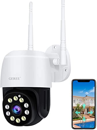 【2021 Upgraded】 CCTV Camera with Color Night Vision, GEREE 1080P PTZ Security Camera Outdoor Wifi IP Camera Home Security with 355°Pan 110°Tilt Auto Tracking Motion Detection Two-way Audio