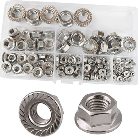 Flange Nuts M3 M4 M5 M6 M8 M10 M12 Lock Metric 304 Stainless Steel Assortment Kit 125Pcs