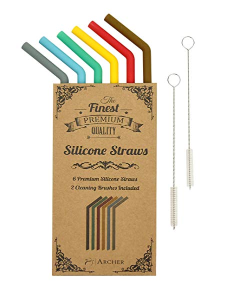 Reusable Straws - Silicone Drinking Straws by Archer - 10 Inch Extra Long Flexible Smoothie RTIC Yeti Straws for 30 oz Tumbler - Vintage Colors - 6 x Silicone Straws 2 x Cleaning Brush - BPA Free