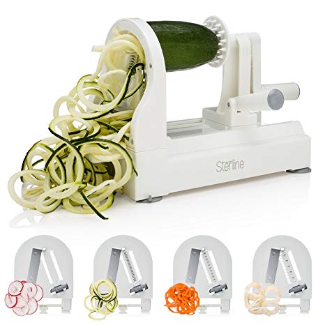 Sterline Spiral Vegetable Slicer, 4 Blade Counter Top Spiralizer for Veggie Pasta Salad Creations, Strong Stainless Steel Blades, Cut and Shred Zucchini Zoodles, Cucumbers, Onions, BPA Free, White