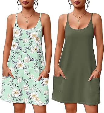 Ekouaer 2 Pack Sleeveless Nightgowns for Women with Pockets Spaghetti Strap Dress Racerback Chemise Sexy Night Gowns S-2XL