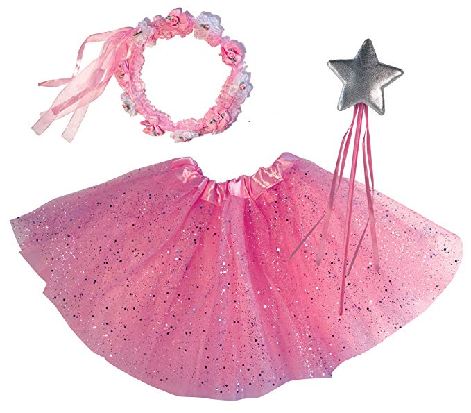 OLYPHAN Princess Tutu Dress Up Costume - Fairy Ballerina Gift: Pink Tutu, Magic Wand, Flower Tiara/Crown for Girls