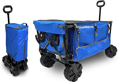 EasyGoProducts Deluxe Folding Beach Wagon – Big Wheel Beach Cart w/ Folding Beach Table and Side Umbrella Holders Blue