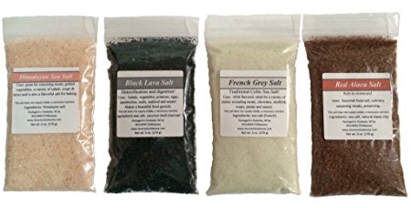 Gourmet Sea Salt Sampler: 4 X 6oz. Packages, Pink Himalayan, French Grey, Hawaiian Red Alaea and Black Lava, 24 oz. total
