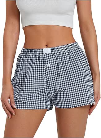 Cute Shorts for Women Plaid Striped Print Pajamas Boxer Shorts Gingham Lounge PJ Bottoms Shorts Checkered Sleep Shorts Comfy