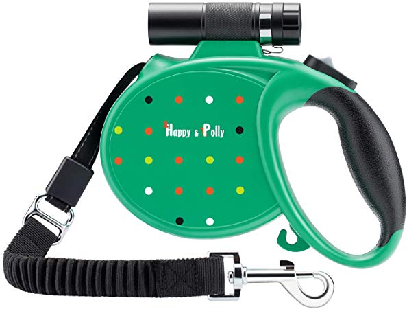 Happy & Polly Retractable Dog Leash with Flashlight, Protective Bungee Leash, Convenient Hook, 16.4ft Reflective Fishing Line Weaved Strong Tape, One- Handed Release, Pause, Lock