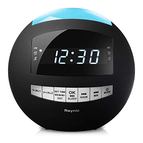 8-in-1 Bluetooth Alarm Clock Radio (Digital) Dual USB Charging Ports, FM Stereo, Dimmable LED Display, Nap & Sleep Timers, Snooze, Multi-Color Night Light (Black)