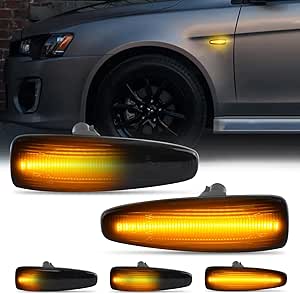 D-Lumina LED Side Marker Light Assembly Smoked Lens Sequential Blink Amber for Mitsubishi Lancer Evolution X Mirage Outlander Sport Front Fender Side Marker Lamp, Replace OEM Sidemarkers, Pack of 2