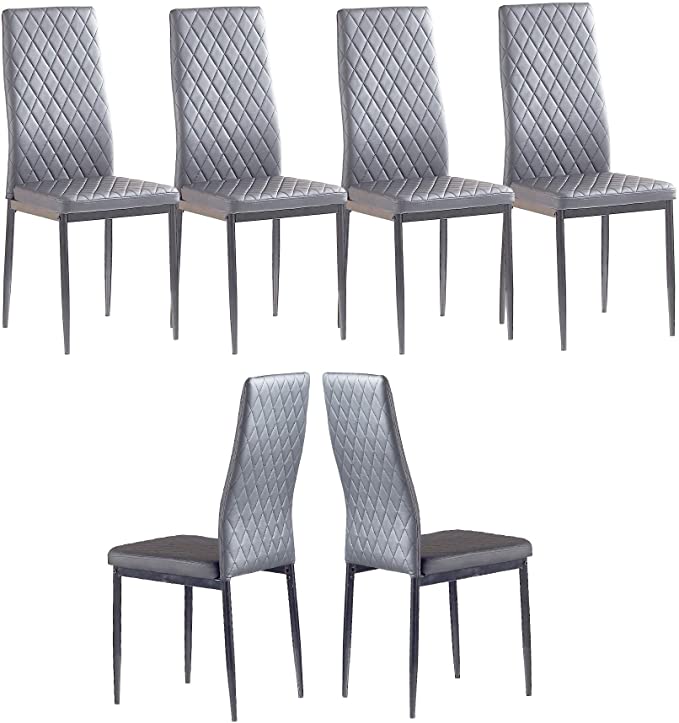 Set of 6 Leather Dining Chairs Set, with Upholstered Cushion & High Back, Powder Coated Metal Legs, Rhombus Pattern Seats, Household Home Kitchen Living Room Bedroom (Light Gray)