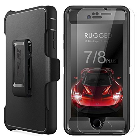 iPhone 8 Plus Cases iPhone 7 Plus Case MBLAI Glass Screen Protection Heavy Duty Defense Case 4 Layers Rugged Rubber Shock Absorbent Drop Proof with Belt-Clip Holder Case Cover for iPhone 7 8 Plus[5.5 inch] Black