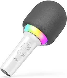 FIFINE Karaoke Microphone Bluetooth Wireless, Singing Microphone, Handheld Mic with Speaker Portable for All Age, Magic Voice Changing, Monitoring, RGB Mic on Smartphone-AmpliSing E2 White