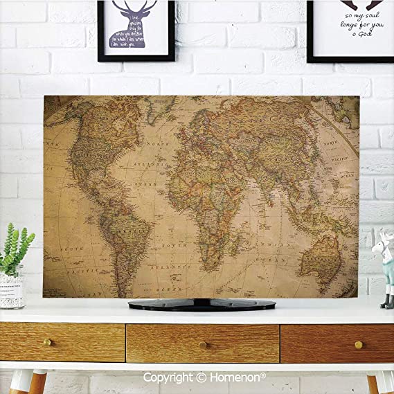 Indoor POP TV dust Cover,Cover Type 55 inch LCD TV 3D Printed with Anthique Old World Map in Retro Color with Vintage Nostalgic Art Deco,Soft Polyester TV Cover Suitable for Sets of Most Models TV